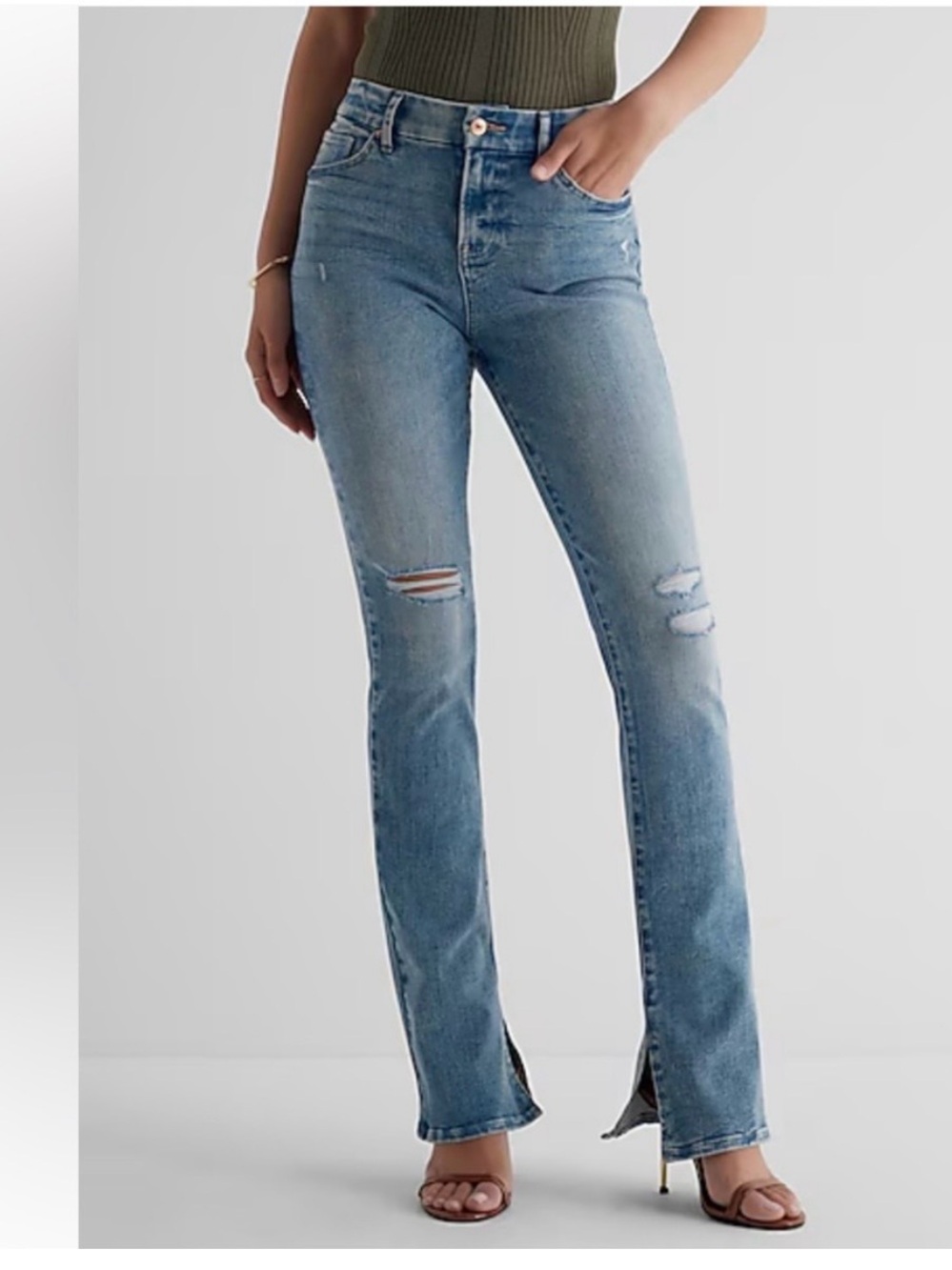 Express Light Blue Mid-Rise SkySkraper Jeans with Knee Rips